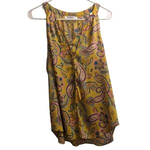 Rose + Olive Yellow Paisley Sleeveless Blouse With Tassels M